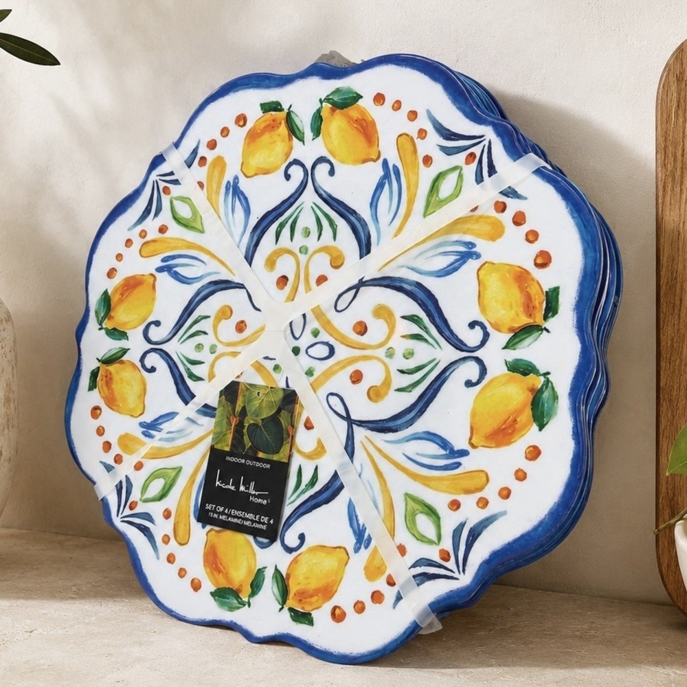 Nicole Miller Yellow Lemons Blue Tuscan Scroll MELAMINE Dinner Plates Set Of 4